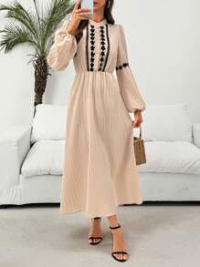 SHEIN LUNE Stand Collar Button Half-Open Sleeve Lace-Paneled Elastic Waist Flare Hem Casual Beach Vacation Elegant Midi Dress, Ribbed Fabric