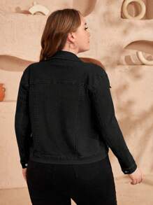 Plus Size Simple Front Button Long Sleeve Pocket Casual Denim Jacket