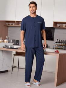 CoupledUp 1 Set Men Solid Color Casual Round Neck Open Front Single Pocket Short Sleeve Pants Pajamas - Navy Blue - View 2