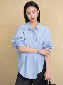 Dazy-Less Minimalist Asymmetric Button Design Solid Color Casual Long Sleeve Women Shirt,Fall Women Clothes Business Casual Woman Work Clothes - Blue - View 14