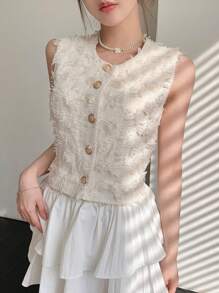 DAZY 1 件女式无袖流苏毛茸茸背心，约会之夜外出上衣 - 米色 - 查看 2