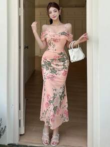 DAZY Women's Ditsy Floral Print Waist-Cinched Off Shoulder Chiffon Fish Tail Midi Dress - Pink - View 2