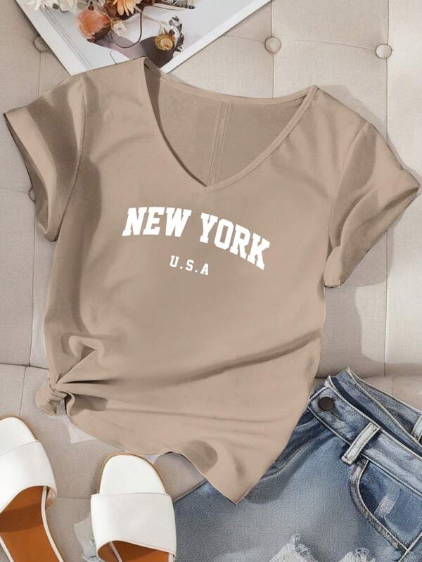 EMERY ROSE Tricou cu mânecă scurtă cu decolteu în V cu litere din New York, cu mânecă scurtă, pentru femei, de dimensiuni mari, pulover minimalist, casual, pentru vara, tricou alb pentru femei