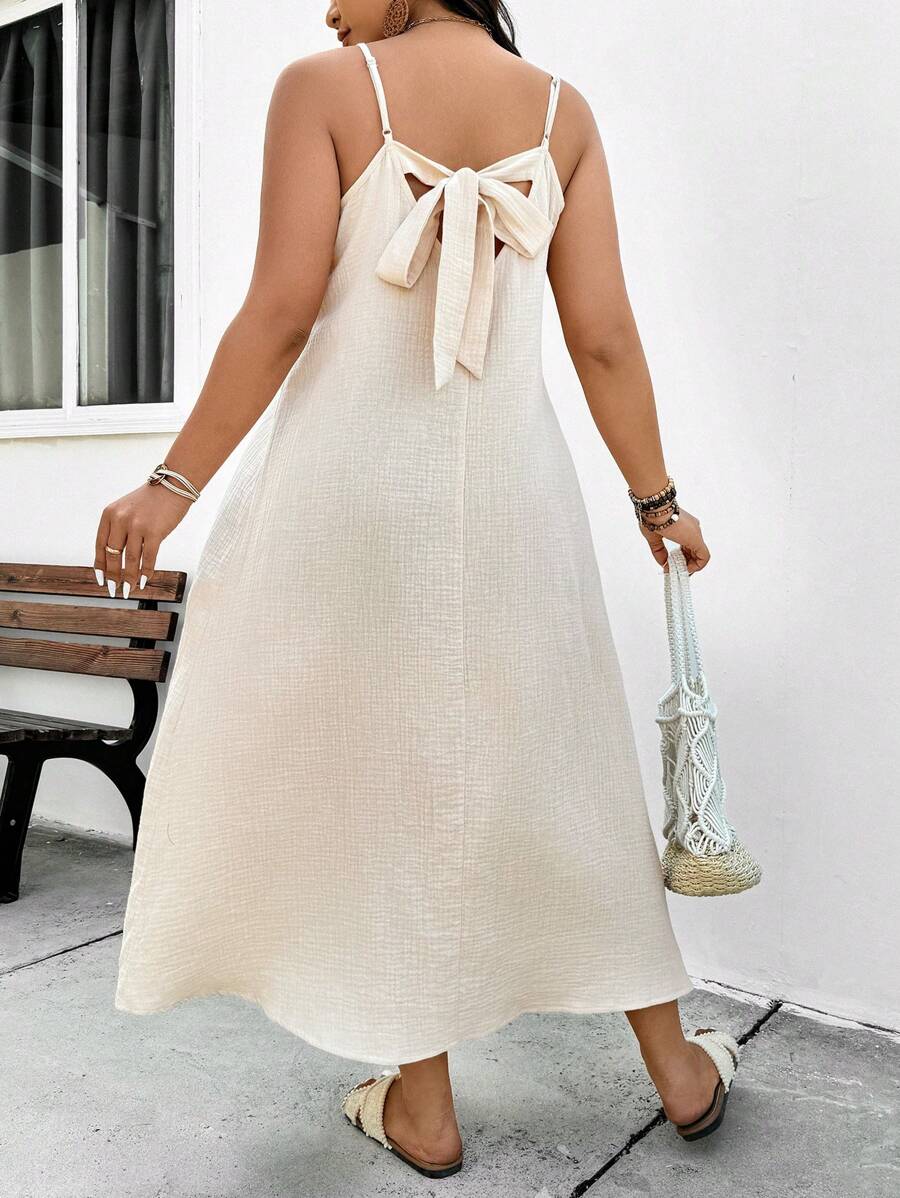 SHEIN Frenchy Plus Size Women's Solid Color Back Knot Strap Casual Dress - Apricot - View 1