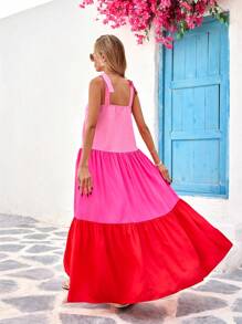 SHEIN VCAY Women's Woven Color Blocking Camisole Dress With Flared Dress Spring And Summer Outfits, Summer Clothes, Valentine's Day, Vacation Outfits Woman, Beach Outfits For Woman, Festival, Romantic And Elegant Clothing, Bohemian, BOHO, Sweet, Rave Outfits Festival, Tropical Vacation Woman Clothes, Carnival - Multicolor - View 2