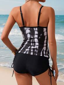 Swim Lushoire 2pcs Springbreak Minimalist Sexy Criss-Cross Ruched Print Long Tankini Top & Side Ruched Drawstring Swim Shorts Set For Summer Beach Vacation - Multicolor - View 3