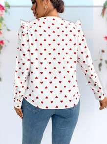 SHEIN LUNE Women's V-Neck Ruffled Loose Casual Heart Textured Blouse, Valentine's Day