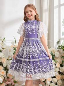 SHEIN Váy công chúa dự tiệc sinh nhật ren thanh lịch cho bé gái tuổi mới lớn - Màu tím - Xem 5