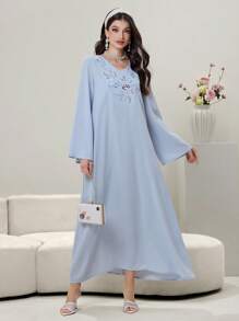 Yasmyna V-Neck Loose Fashion Long Robe Dress, Elegant Embroidery Design Front, Fashionable And Graceful Women Long Arabic Robe - Blue - View 2