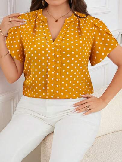 SHEIN Clasi Women Yellow Ground White Polka Dot Plus Size Blouse, Elegant Everyday Wear, Spring/Summer