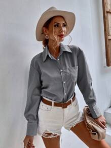 SHEIN Privé 垂直条纹口袋贴片长线衬衫纽扣女式衬衫 - 黑色 - 查看 5