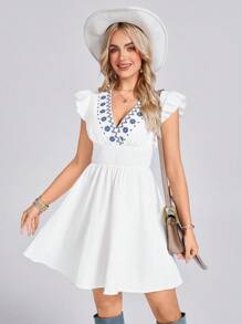 SHEIN LUNE 褶皱荷叶边短袖收腰A字休闲棉质刺绣假日优雅短款连衣裙，女士西式服装