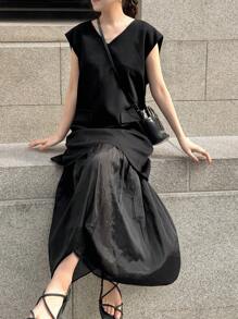 FRIFUL Women's Sleeveless Mesh Patchwork Dress, Minimalist Fashion Leisure Casual Everyday Wear,Ruffle - Black - View 3