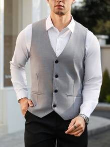 Manfinity Bizformal 男士简约纯色休闲日常背心 - 灰色 - 查看 1