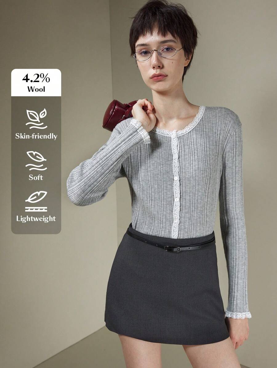 Muvela Women Gray Color Block White Lace Edge Single Breasted Fitted Knit Top, Spring Long Sleeve Top Valentines Sweater Spring Tops - Grey - View 1