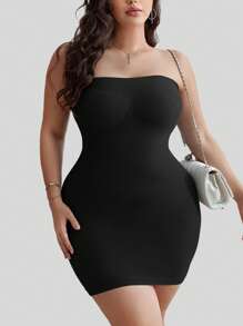 2pcs/Set Plus Size Seamless Solid Color Bandeau Figure-Flattering Casual Dress - Black - View 7