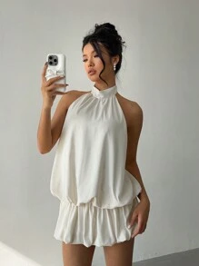 Aloruh 女士纯色立领无袖简约休闲迷你连衣裙 - 杏色 - 查看 8