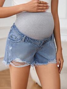 SHEIN Adjustable Waist Maternity Ripped Pocket Fringe Hem Denim Shorts - Medium Wash - View 7