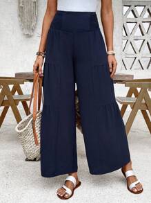 SHEIN LUNE Women's Solid Color Pleated Minimalist Straight Leg Pants, Casual Daily Wear - Navy Blue - View 6