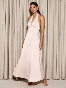 AiiRZ Elegant Halter Neck Midi Evening Dress Empire Waist Formal Party Gown Wedding Guest Special Occasion Summer Dress Sleeveless A-Line Dress - Pink - View 3