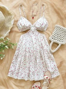 Soleia Vestido curto de férias primavera/verão com estampa floral e patchwork de renda, decote em V, cintura baixa, corte A, costas nuas, ideal para festivais de música, estilo boêmio, feriados, chá da tarde - Vermelho - Ver 3