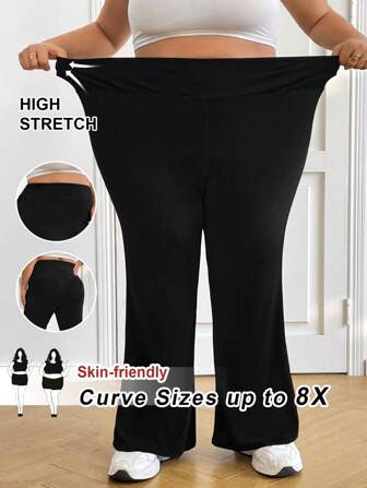 SHEIN CURVE+ Pantalones informales de tiro alto y campana elásticos de mujer, pantalones frescos de primavera y verano de mujer, pantalones campana