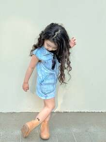 Bộ đồ liền quần jean ngắn hàng ngày cho bé gái ngoài trời nhẹ nhàng, vừa vặn thoải mái và cài nút phía trước, túi phẳng ở phía trước và đường may bên hông, vải thoải mái, cổ điển và thời trang - Rửa nhẹ - Xem 3