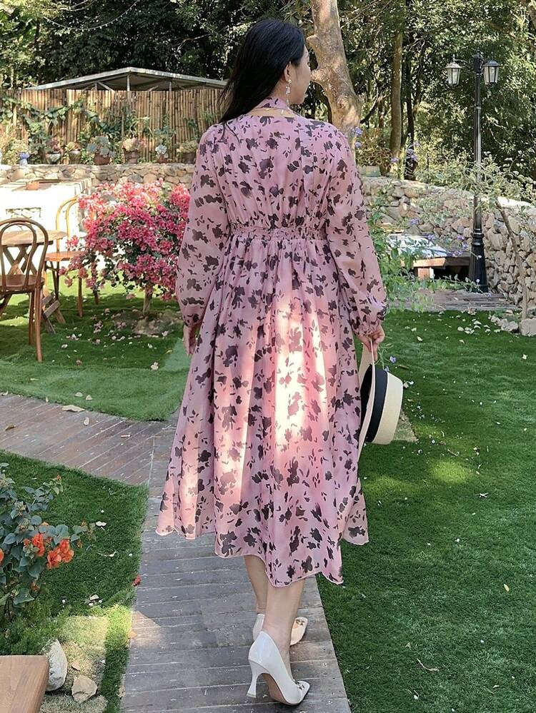 Dazy Petite Plus Plus Size All-Over Floral Pattern Tie-Up Bodycon Dress, Coral Pink For Spring, Summer, Autumn Pink Party Women Dresses Milkmaid Dress Long Sleeve Dress Maxi Dress Boho