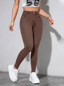 SHEIN PETITE 女式前扣口袋修身休闲牛仔裤 - 棕色 - 查看 1