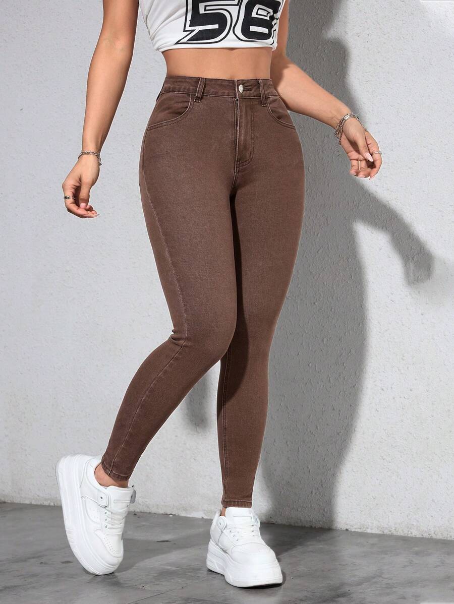 SHEIN PETITE 女式前扣口袋修身休闲牛仔裤 - 棕色 - 查看 1