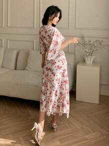 DAZY Women Midi Floral V-Neck Ruffle Hem Dress Prom Dress Elegant Women Dresses - Red - View 2