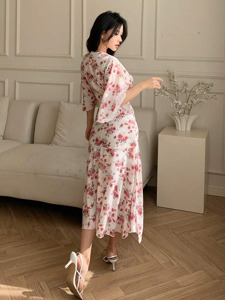 Women Midi Floral V-Neck Ruffle Hem Dress Prom Dress Elegant Women Dresses Boho Vacation Outfits Women