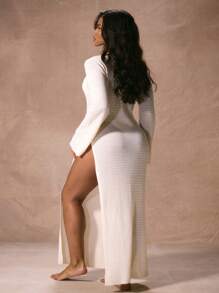 Musera Resort 钩针编织深 V 领贝壳细节长袖超长连衣裙海滩泳装罩衫度假春夏优雅海滩度假伊比沙岛泳装新娘装 - 米色 - 查看 3