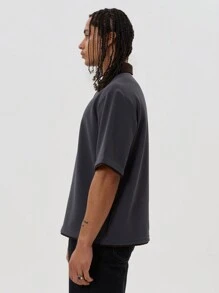 Musero Short Sleeve Drop Shoulder Oversized Contrast Button Placket And Collar Detail Button Up Polo Winter Layering - Multicolor - View 2