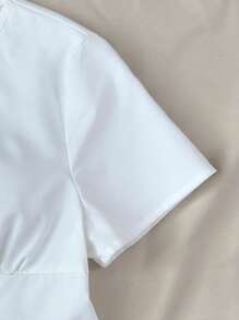 SHEIN Teen Girls' Contrast Lace V-Neck Ruffle Trim Blouse, Sweet For Teenagers - White - View 3