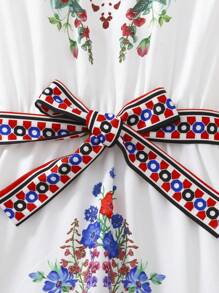 SHEIN Leap Crew Tween Girls Floral Retro Print Ruffle Trim Cap Sleeve Dress, Vacation Dress, Suitable For Garden Tea, Spring Outing And Vacation - White - View 5