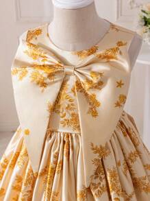 SHEIN Glamorique Kids 四季女孩派对礼服，香槟色，腰部蝴蝶结，优雅宴会舞会礼服 - 香檳色 - 查看 4