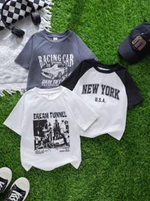SHEIN Leap Crew Bộ 3 áo thun ngắn tay cổ tròn phối màu, kiểu dáng đường phố, giá cả phải chăng dành cho bé trai, phù hợp đi làm, đi học, mặc hàng ngày, chơi thể thao, mùa xuân/hè. - Đen và trắng - Xem 2