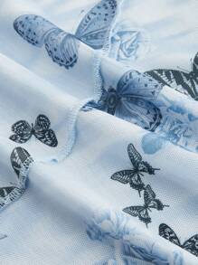 SHEIN MOD 蓝色复古蝴蝶印花不对称下摆夏季吊带连衣裙 - 藍色 - 查看 4