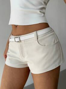 Aloruh 女式白色迷你短裤（配腰带），秋冬季性感夜店装 - 米色 - 查看 5