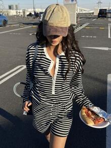 DAZY 2 pezzi/set, camicia a maniche lunghe a righe e pantaloncini larghi casual da donna per vacanze, set donna primavera/estate, corti