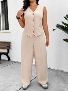 SHEIN Frenchy Conjunto de 2 piezas para mujer talla grande: chaleco tipo blazer de moda y pantalones casuales, color albaricoque