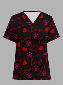 PopScrub V-Neck Short Sleeve All-Over Print Casual Healthcare Scrub Uniform Top