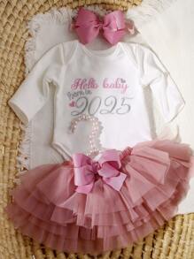 SHEIN Conjunto de ropa de recién nacida para sesión fotográfica, incluye pelele, falda de tul y diadema con moño para salida del hospital, atuendo de regalo para baby shower o cumpleaños