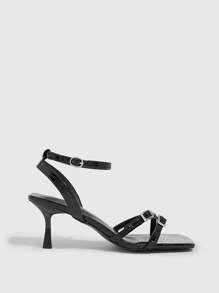 CUCCOO SZL 女士时尚黑色细带水钻踝带中跟凉鞋，适合通勤、约会、聚会、度假