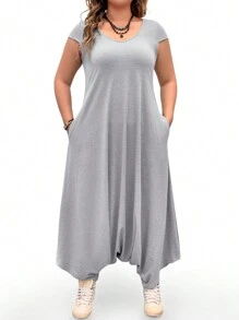 EMERY ROSE Plus Size Women Loose Versatile Short Sleeve Knit Elastic Jumpsuit - Grey - View 5
