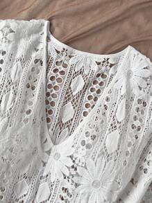 Flirla Plus Size Boho V-Neck Flare Sleeve Hollow Out Knitted Casual Elegant Retro Top, For Summer - White - View 5
