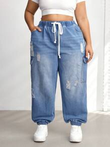 SHEIN CURVE+ Plus Size Women's Drawstring Open Pocket Side Workwear Jeans - Medium Wash - View 6