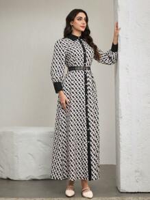 Graceveil 2025 春季新款女装拼色印花长款衬衫裙 - 黑與白 - 查看 6