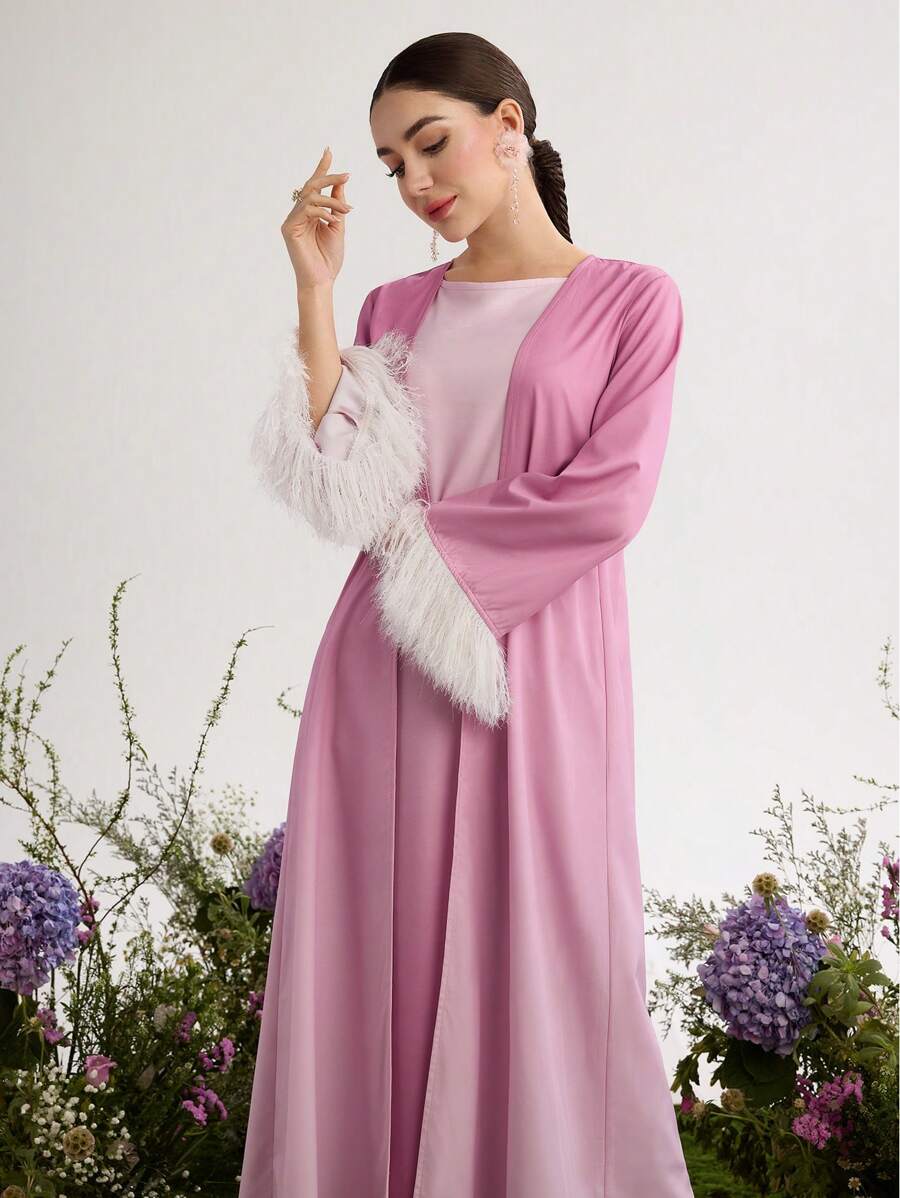 Graceveil 2pcs Set: Long Sleeve Ombre Fur Trim Jacket And Dress, Minimalist Style - Pink - View 1